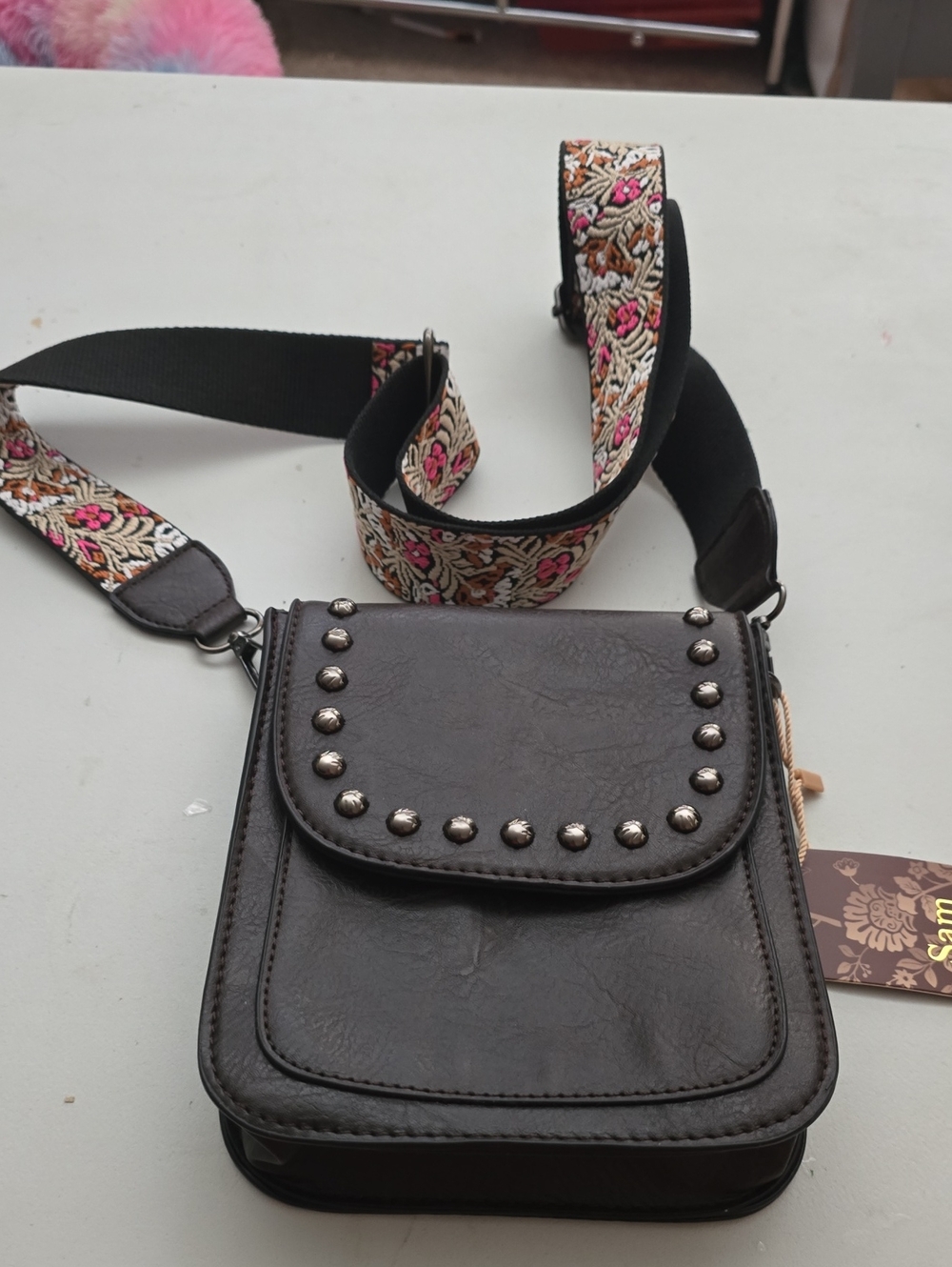 Womens Brown Studded Crossbody Bag with Embroidered Strap